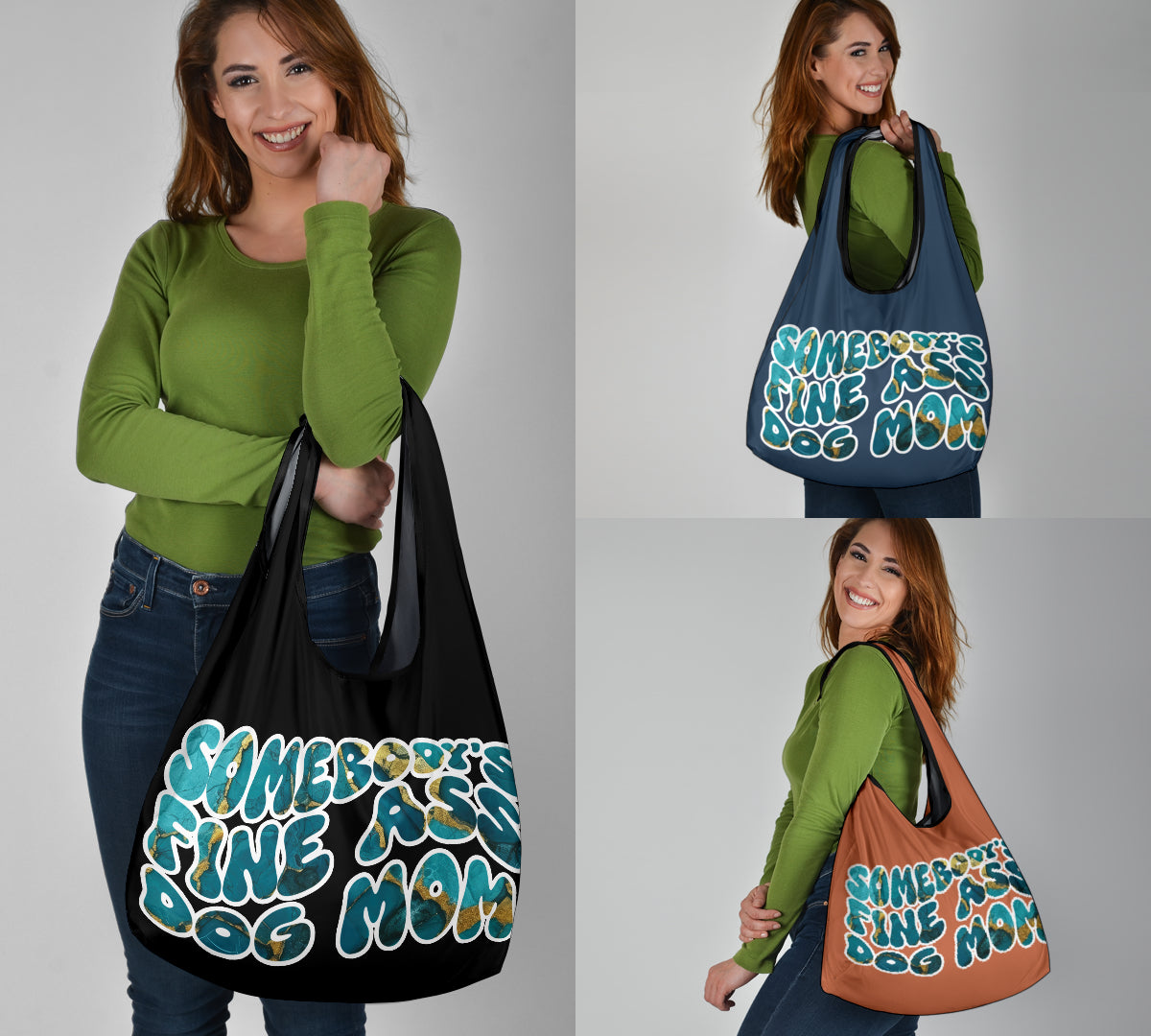 Somebody's Fine Ass Dog Mom Turquoise Marble Design 3 Pack Grocery Bags - Mom and Dad Collection
