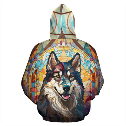 Alaskan Malamute All Over Print Stained Glass Design Zip-Up Hoodies