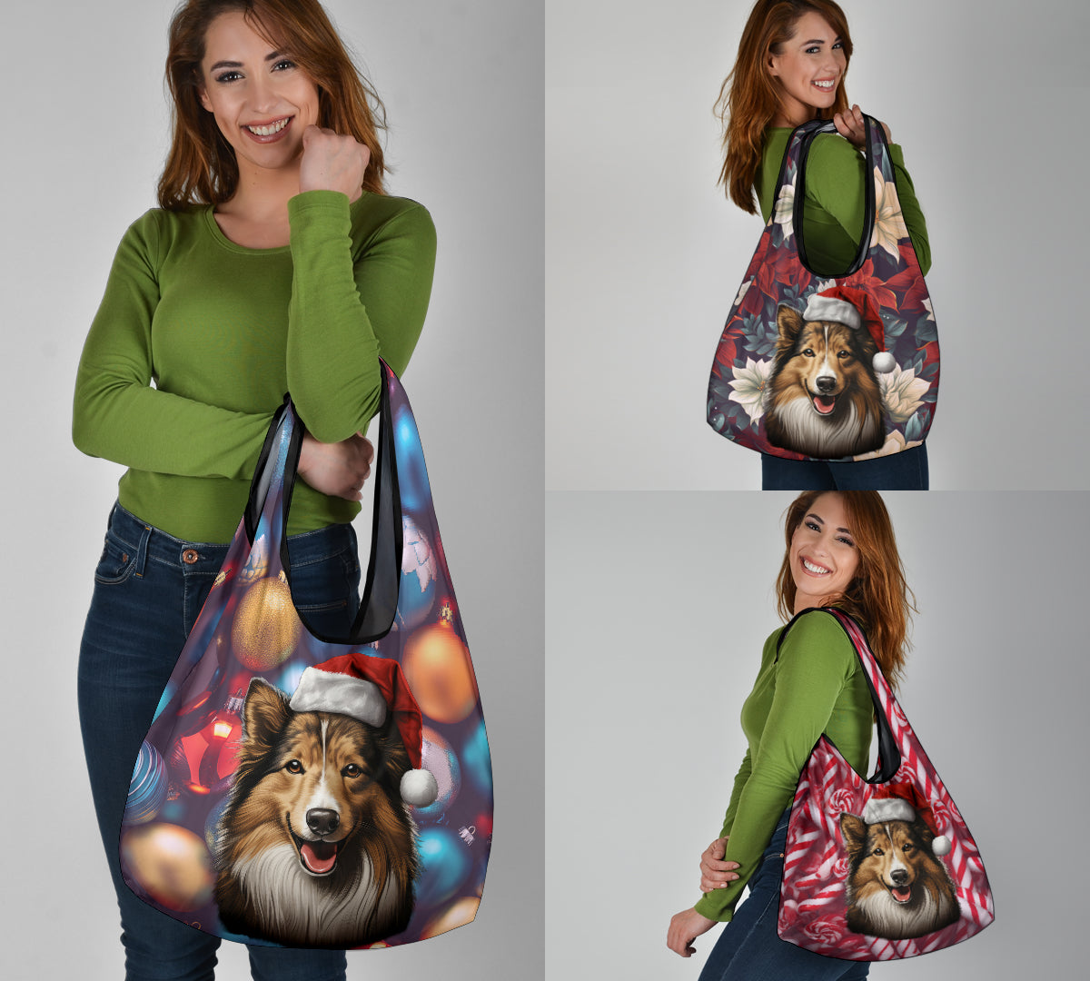 Shetland Sheepdog (Sheltie) Design 3 Pack Grocery Bags - 2023 Christmas / Holiday Collection