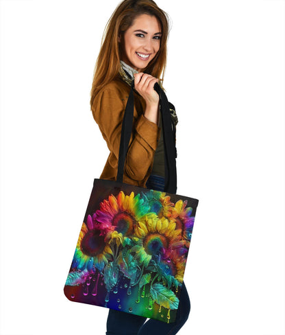 Alcohol Ink Painted Rainbow Sunflowers Design Tote Bags - Imagination Collection