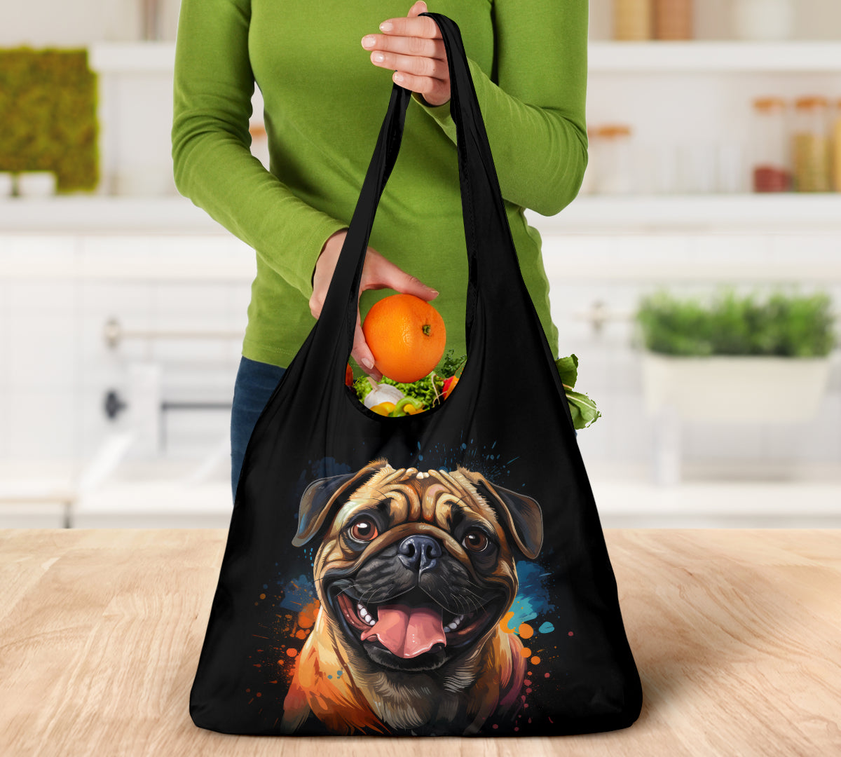 Pug Watercolor Design 3 Pack Grocery Bags