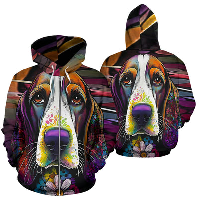 Basset Hound Design All Over Print Colorful Background Zip-Up Hoodies - Inspired Collection