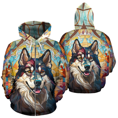 Alaskan Malamute All Over Print Stained Glass Design Zip-Up Hoodies