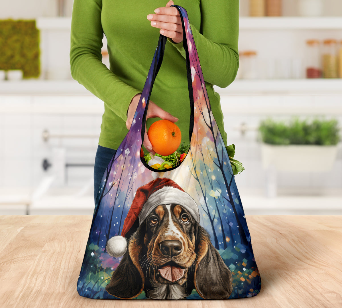 Basset Hound Design 3 Pack Grocery Bags - 2023 Holiday - Christmas Print