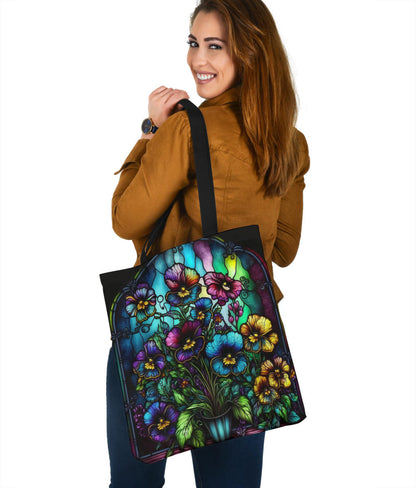 Stained Glass Neon Pansies Design Tote Bags - Imagination Collection