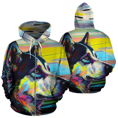 Husky Design All Over Print Colorful Background Zip-Up Hoodies - Inspired Collection