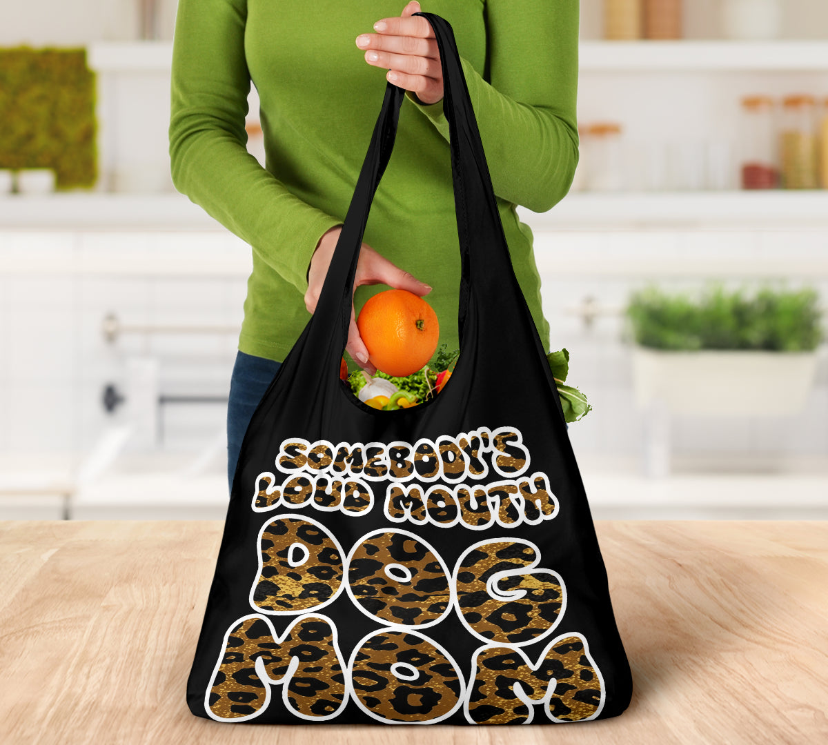 Somebody's Loud Mouth Dog Mom Gold Leopard Print Design 3 Pack Grocery Bags - Mom and Dad Collection