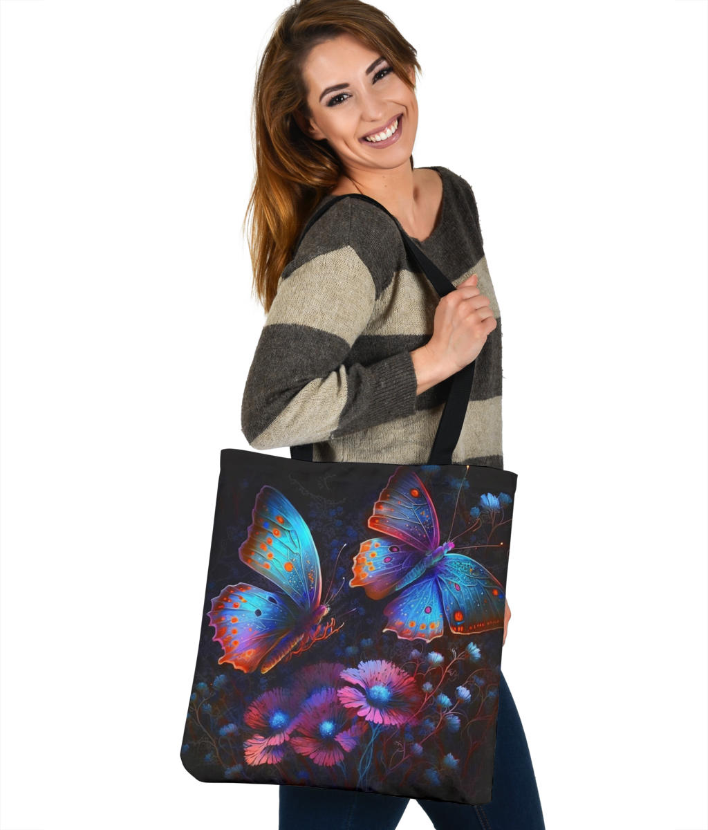 Watercolor Painted Cosmic Neon Butterflies and Flowers Design Tote Bags - Imagination Collection
