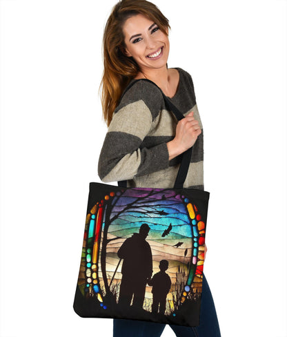 Stained Glass Father Son Fishing Design Tote Bags - Imagination Collection