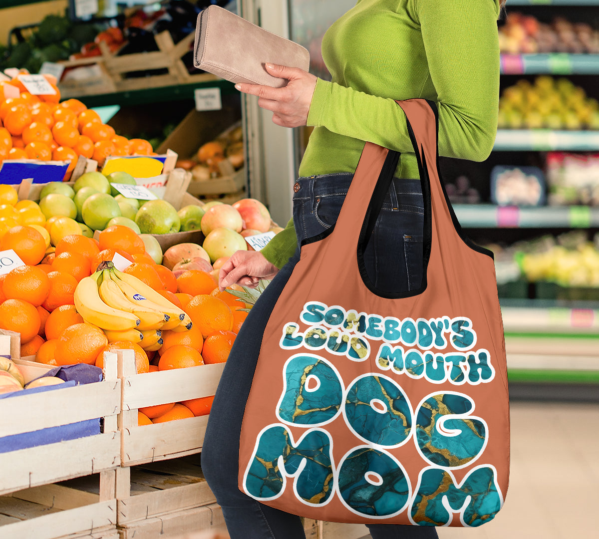 Somebody's Loud Mouth Dog Mom Turquoise Marble Design 3 Pack Grocery Bags - Mom and Dad Collection