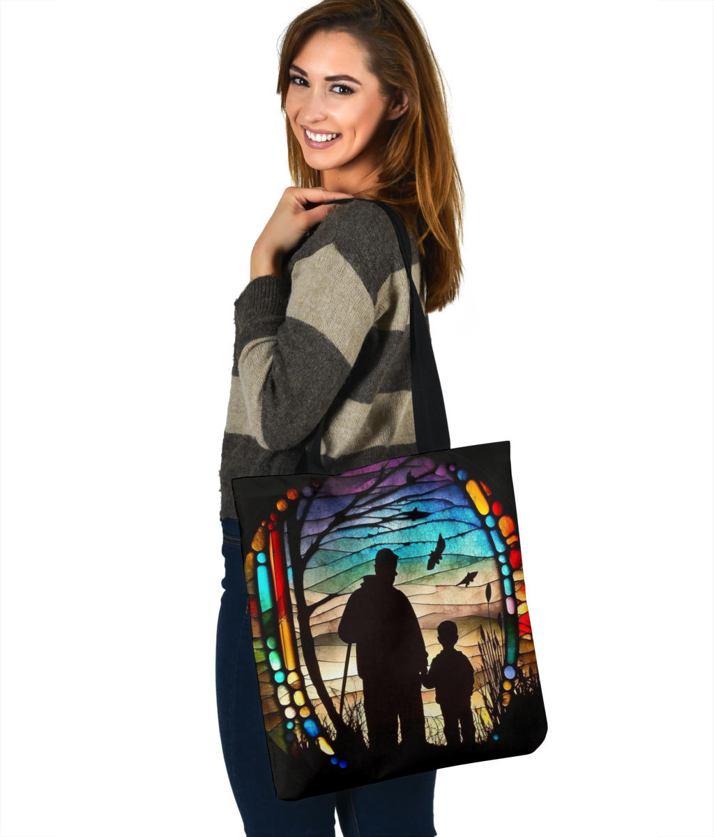 Stained Glass Father Son Fishing Design Tote Bags - Imagination Collection