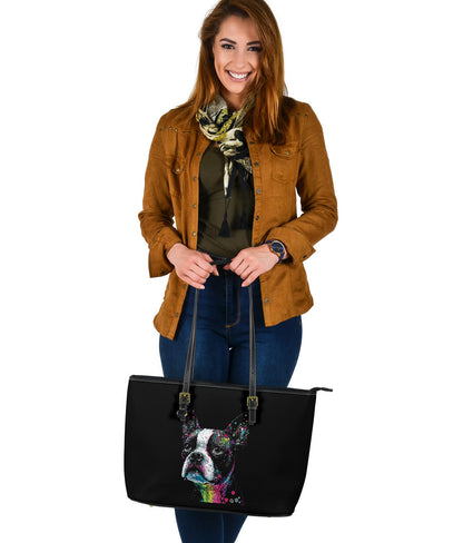 Boston Terrier Design Large Leather Tote Bag - Inspired Collection