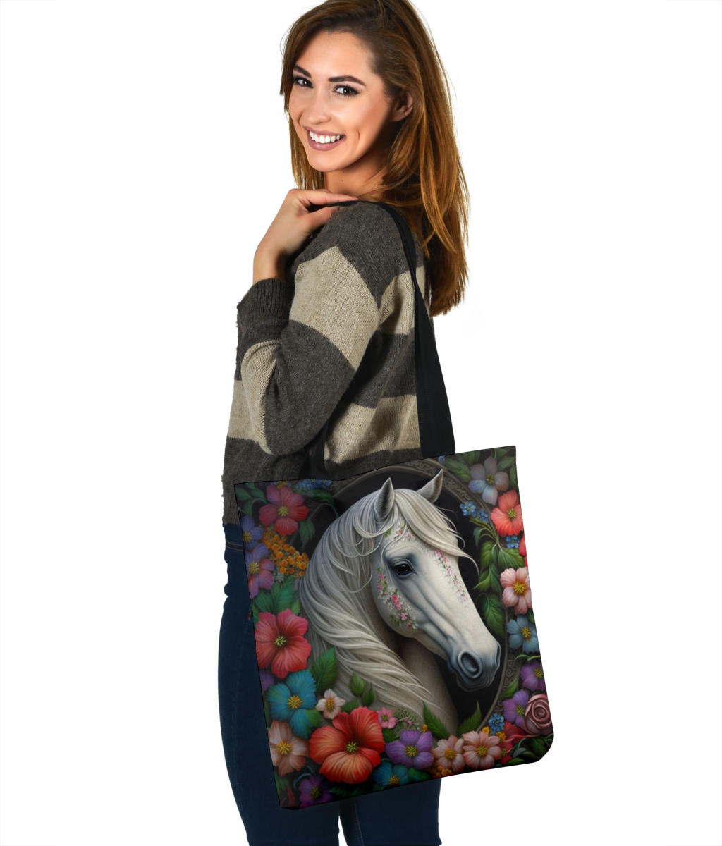 White Horse With Floral Surrounding Design Tote Bags - Imagination Collection