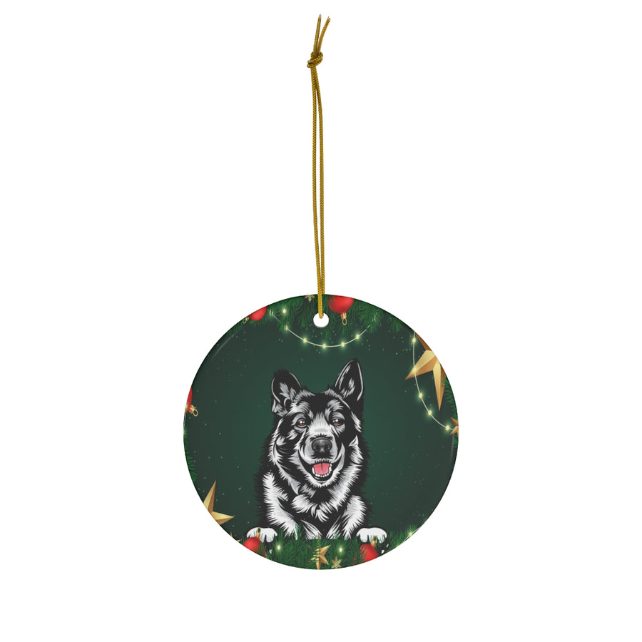 Norwegian Elkhound Design Ceramic Christmas Ornament Green Background - 2022 Collection