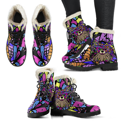 Papillon Design Handcrafted Faux Fur Leather Boots - Art by Cindy Sang - JillnJacks Exclusive