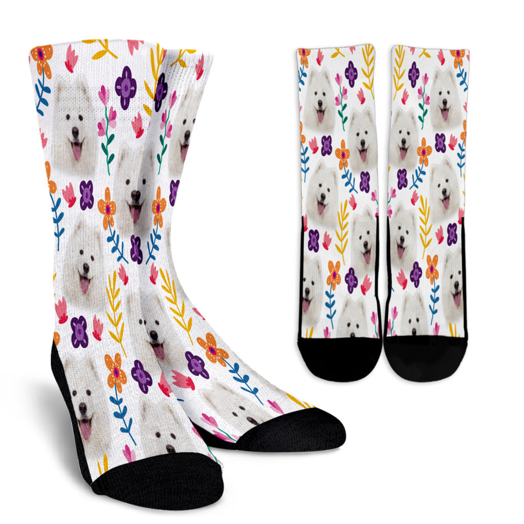 Samoyed Floral Design Crew Socks - JillnJacks Exclusive - Jill 'n Jacks