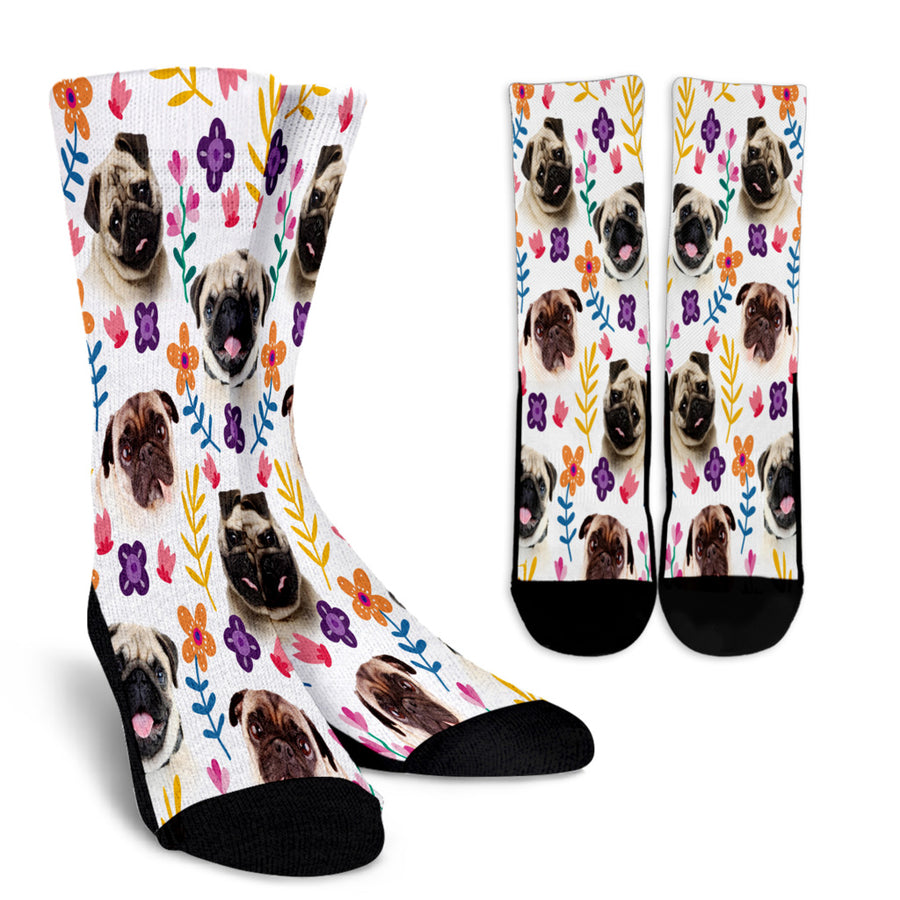Pug Floral Design Crew Socks - JillnJacks Exclusive - Jill 'n Jacks