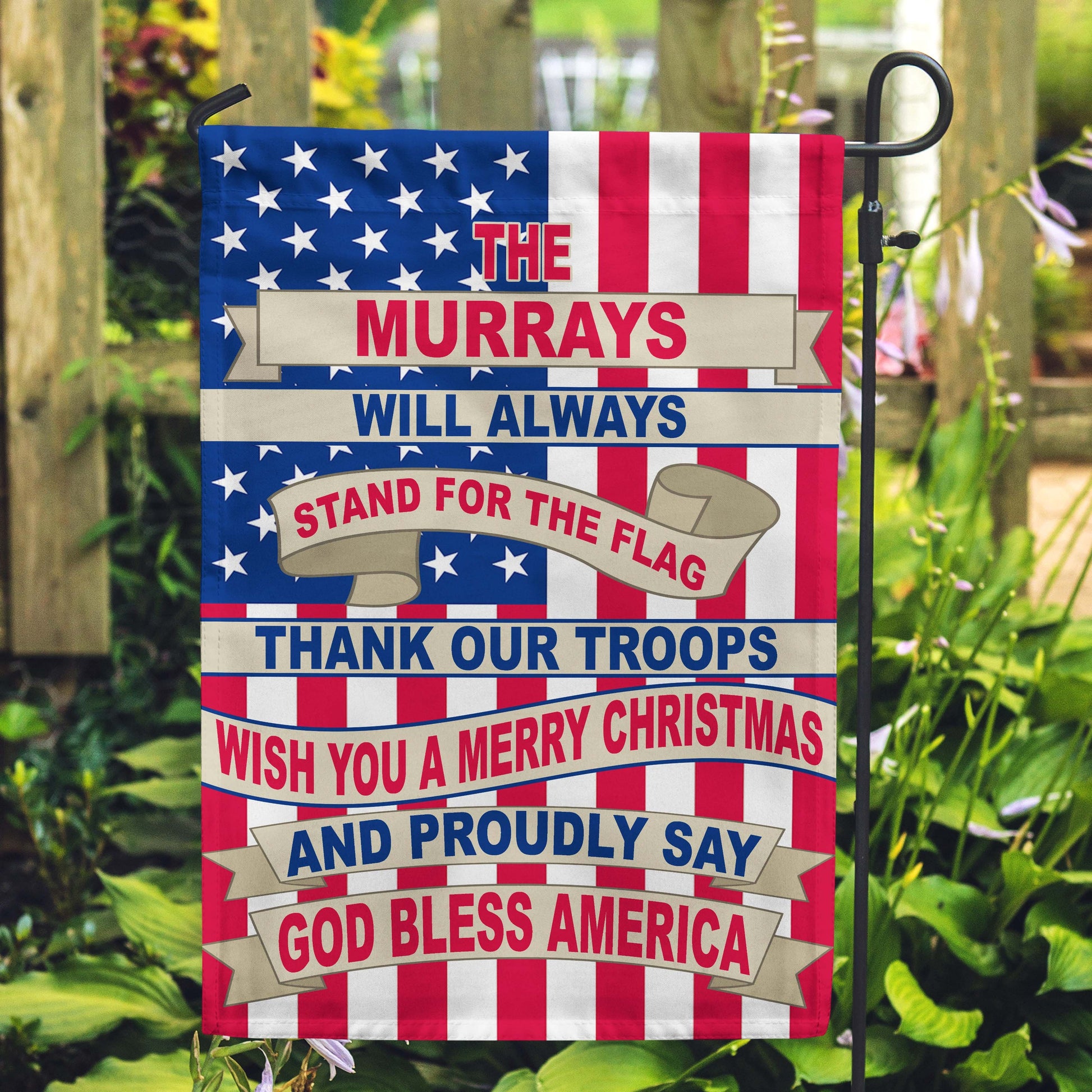 This Family Will Always Stand For The Flag Thank Our Troops Wish You A Merry Christmas & Say God Bless America Personalized Flags - Jill 'n Jacks