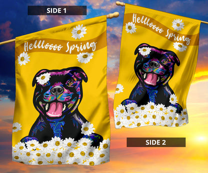 Staffordshire Bull Terrier (Staffie) Design Hello Spring Garden and House Flags - 2023 Cindy Sang Collection