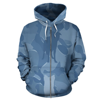 Border Collie Design Blue Camouflage All Over Print Zip-Up Hoodies