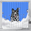 Norwegian Elkhound Design Shower Curtains with Blue Back - 2022 Collection