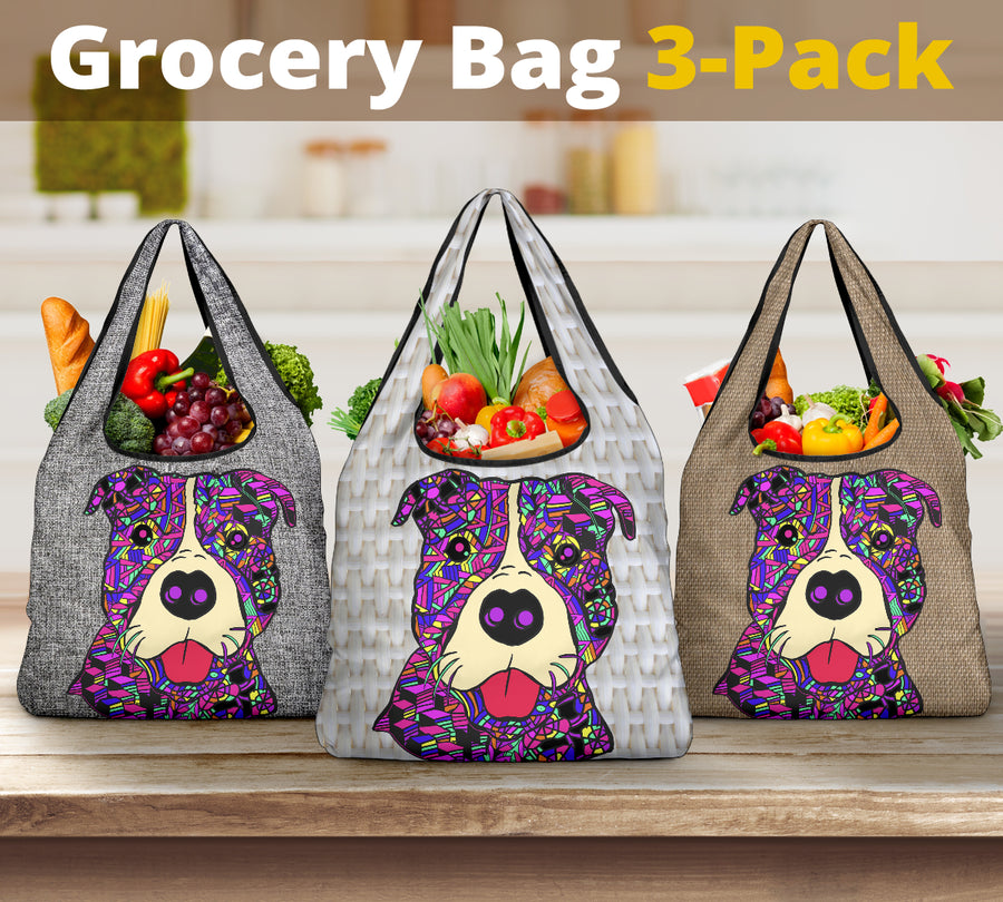 Pit Bull Design 3 Pack Grocery Bags - Arts by Cindy Sang - JillnJacks Exclusive
