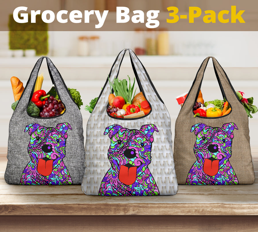 Pit Bull Design #2 - 3 Pack Grocery Bags - Arts by Cindy Sang - JillnJacks Exclusive