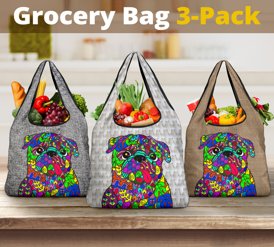 Pug Design 3 Pack Grocery Bags - Art By Cindy Sang - JillnJacks Exclusive