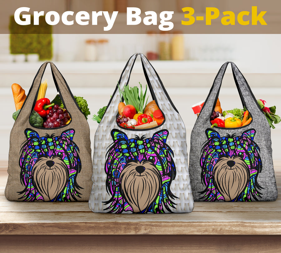 Yorkie Design 3 Pack Grocery Bags - Art by Cindy Sang - JillnJacks Exclusive