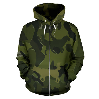 Husky Design Green Camouflage All Over Print Zip-Up Hoodies