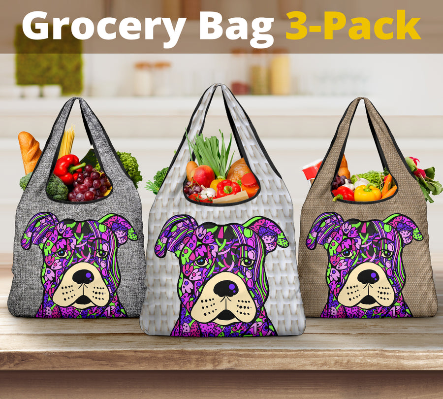 Staffordshire Terrier Design 3 Pack Grocery Bags - Arts by Cindy Sang - JillnJacks Exclusive