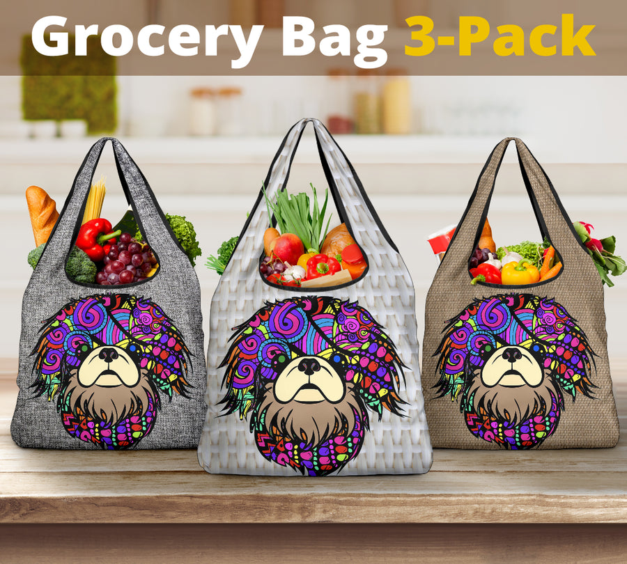 Pekingese Design 3 Pack Grocery Bags - Arts by Cindy Sang - JillnJacks Exclusive