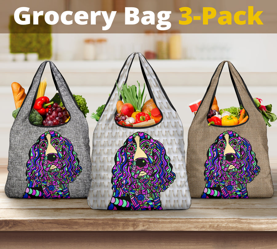 Springer Spaniel Design 3 Pack Grocery Bags - Arts by Cindy Sang - JillnJacks Exclusive