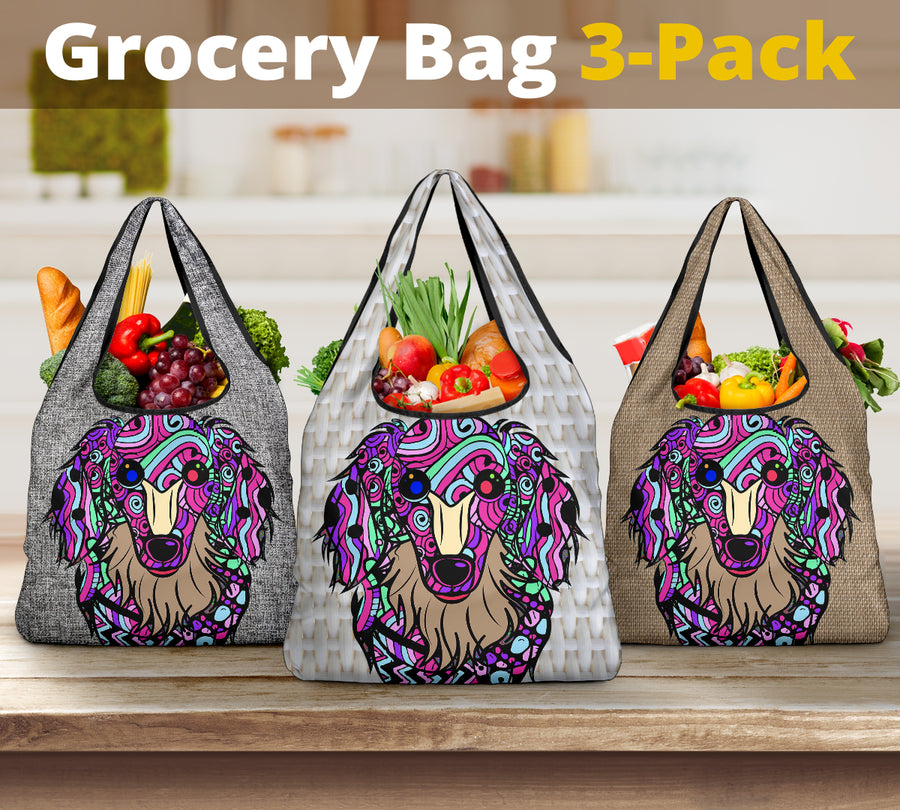 Dachshund Design #2 - 3 Pack Grocery Bags - Arts by Cindy Sang - JillnJacks Exclusive