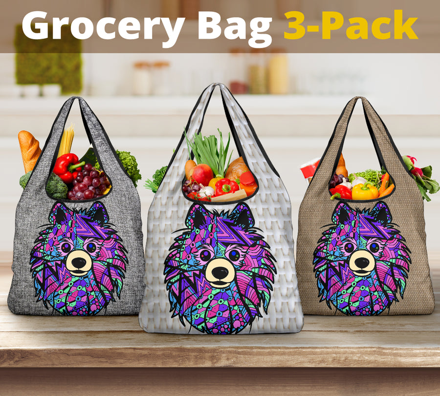 Pomeranian Design 3 Pack Grocery Bags - Arts by Cindy Sang - JillnJacks Exclusive