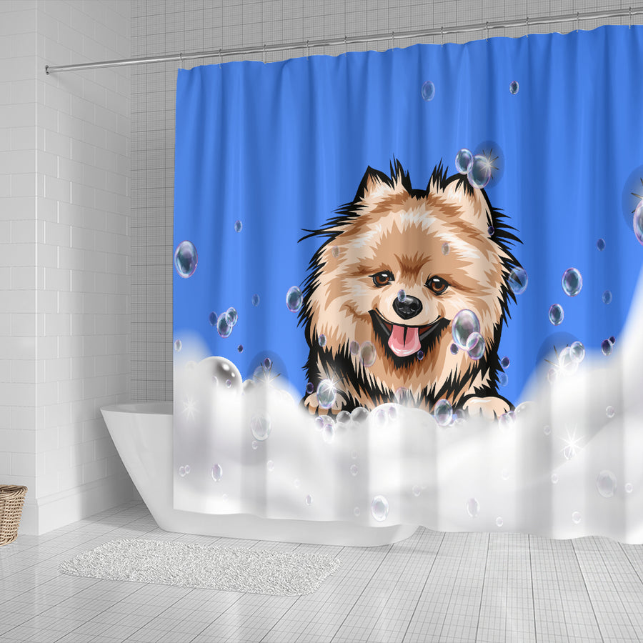 Pomeranian Design #2 Shower Curtains with Blue Back - 2022 Collection
