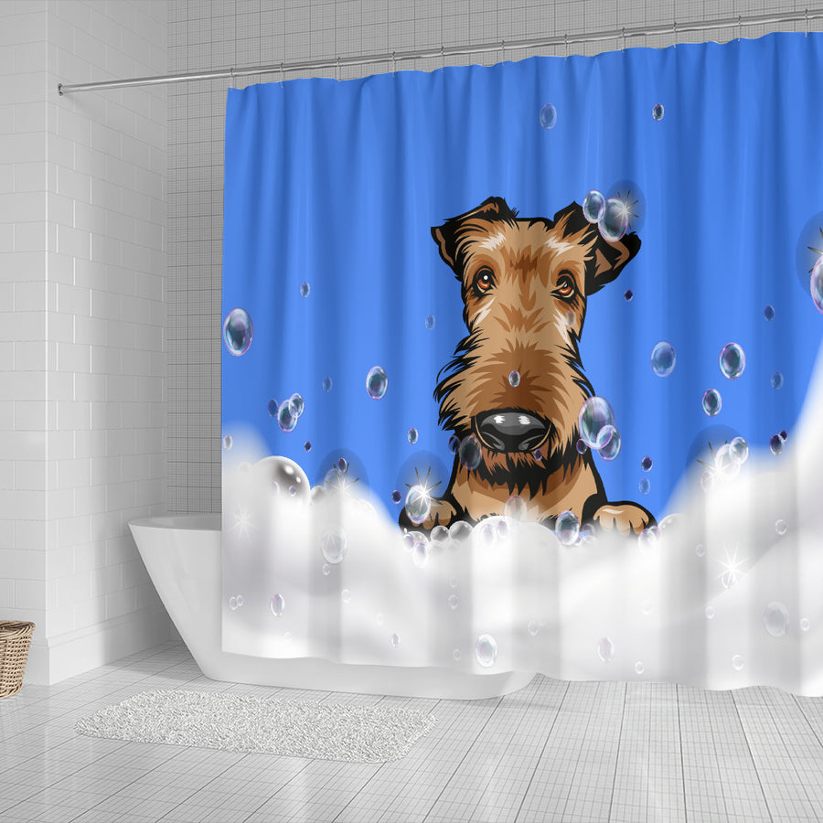 Airedale Terrier Design Shower Curtains with Blue Back - 2022 Collection
