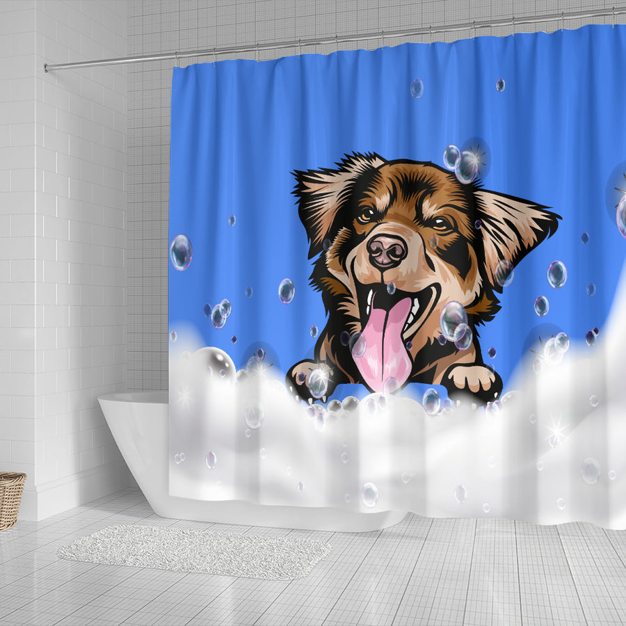 Australian Shepherd Design #3 Shower Curtains with Blue Back - 2022 Collection