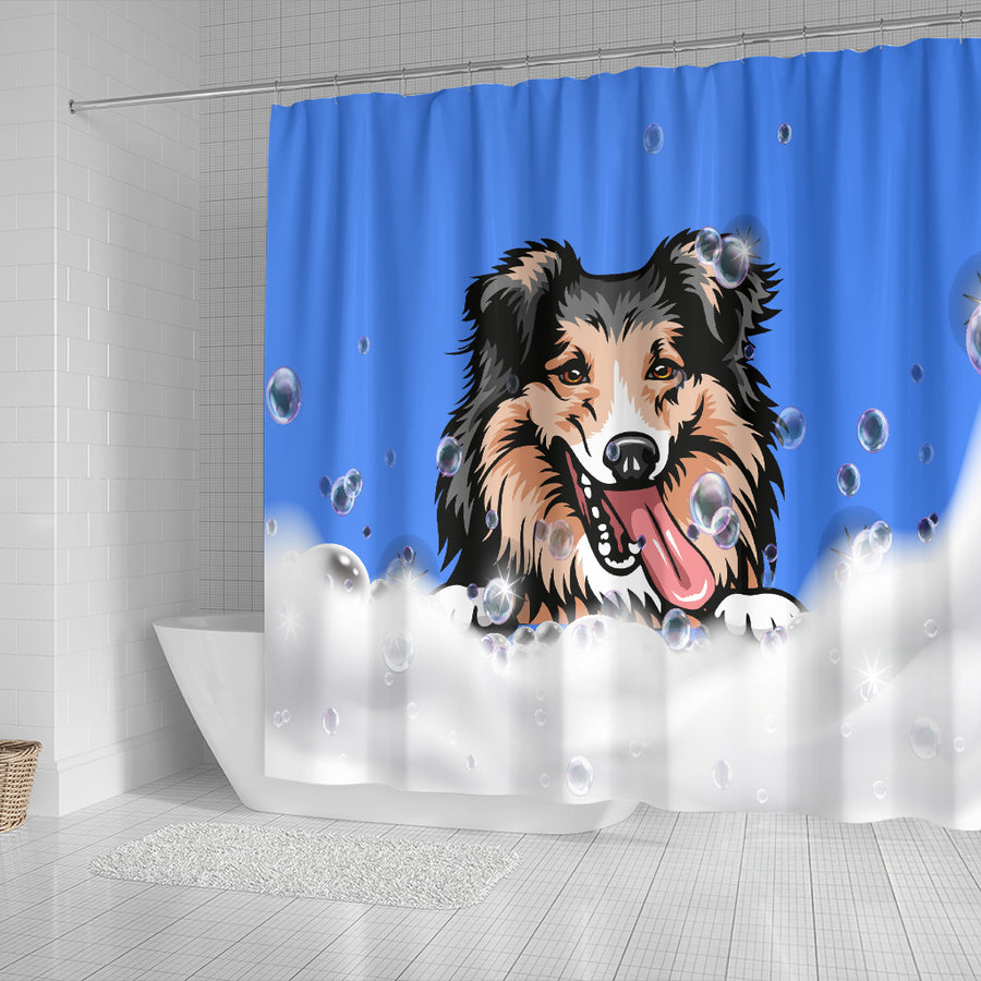 Shetland Sheepdog (Sheltie) Design Shower Curtains with Blue Back - 2022 Collection