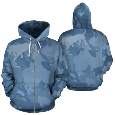 Basset Hound Design Blue Camouflage All Over Print Zip-Up Hoodies