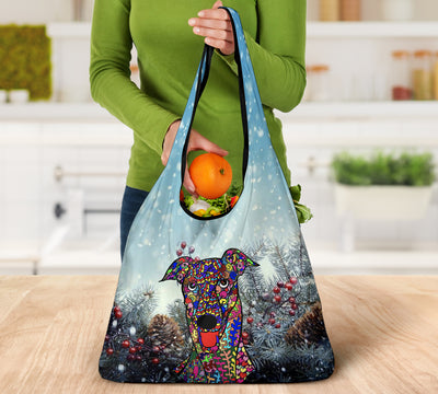 Greyhound Design 3 Pack Grocery Bags With Holiday / Christmas Print - Art by Cindy Sang
