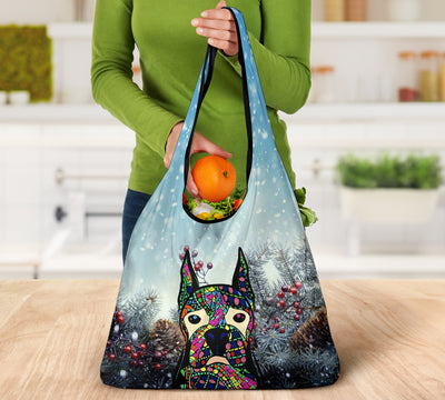 Boxer Design 3 Pack Grocery Bags With Holiday / Christmas Print #2 - Art by Cindy Sang