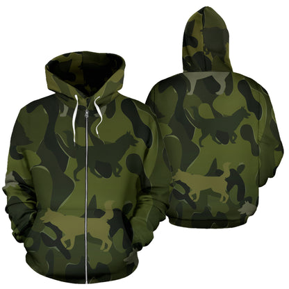 Husky Design Green Camouflage All Over Print Zip-Up Hoodies