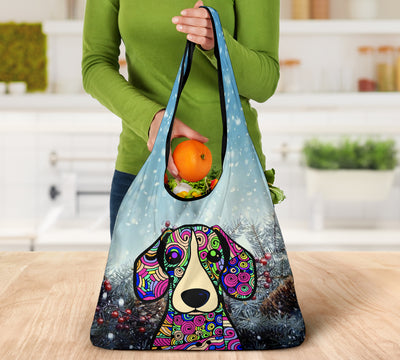 Beagle Design 3 Pack Grocery Bags With Holiday / Christmas Print - Art by Cindy Sang