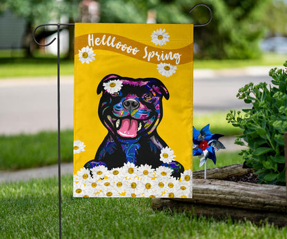 Staffordshire Bull Terrier (Staffie) Design Hello Spring Garden and House Flags - 2023 Cindy Sang Collection