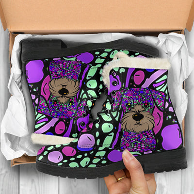 Miniature Schnauzer Design Handcrafted Faux Fur Leather Boots - Art by Cindy Sang - JillnJacks Exclusive