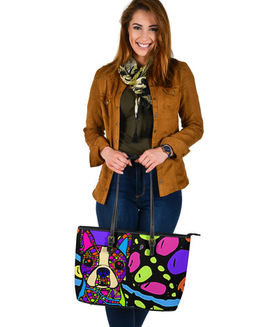 Boston Terrier Large Leather Tote Bag -  Art by Cindy Sang - JillnJacks Exclusive