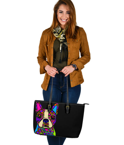 Boston Terrier Large Leather Tote Bag -  Art by Cindy Sang - JillnJacks Exclusive